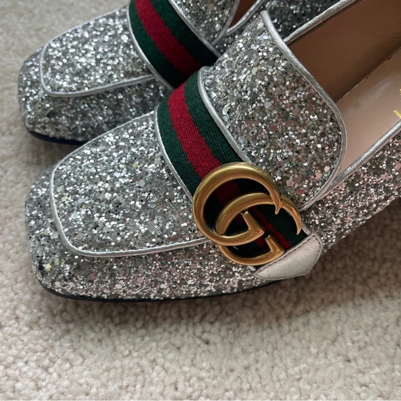 GUCCI Peyton Glitter Block Heel Loafers In Argento Silver - Picture 3 of 12